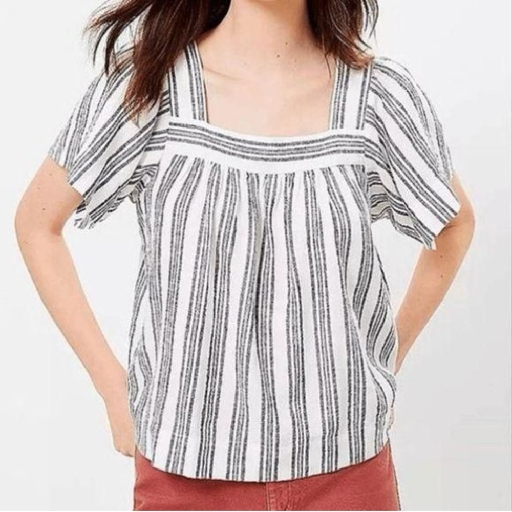 Linen striped square neck flutter sleeve top